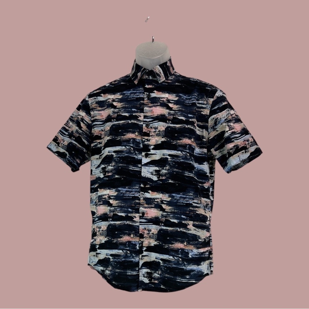 Alfani Short Sleeve Patterned Shirt with Dark Navy and Multi Color Washes Small